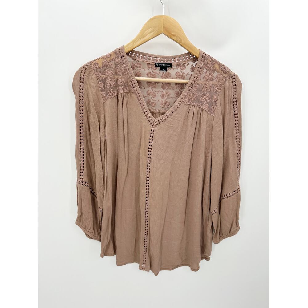 New Directions Mauve Taupe Lace Crochet V-Neck Peasant Blouse Small M9990199N4 - Picture 10 of 10